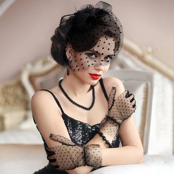 3 Pcs Women’s Fascinator Hat Gloves Necklace Set For Tea Party Halloween main image 4